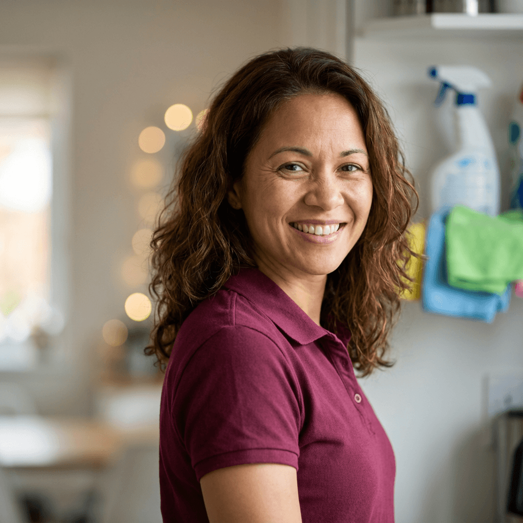Damaris Durand standing in a bright living room holding cleaning supplies
