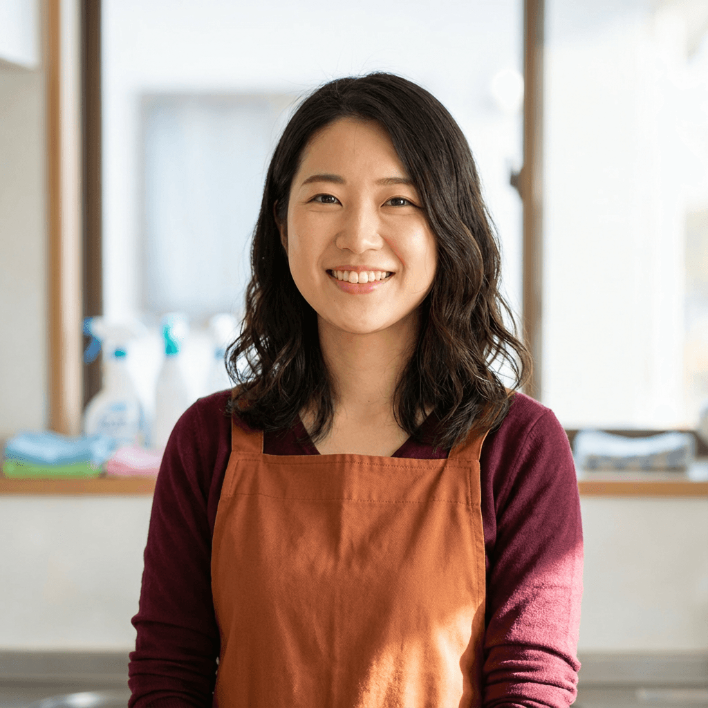 Cleaner organizing professional supplies in a bright kitchen before starting work