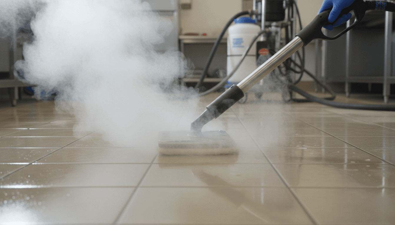 Steam cleaner wand gliding over sealed tile flooring