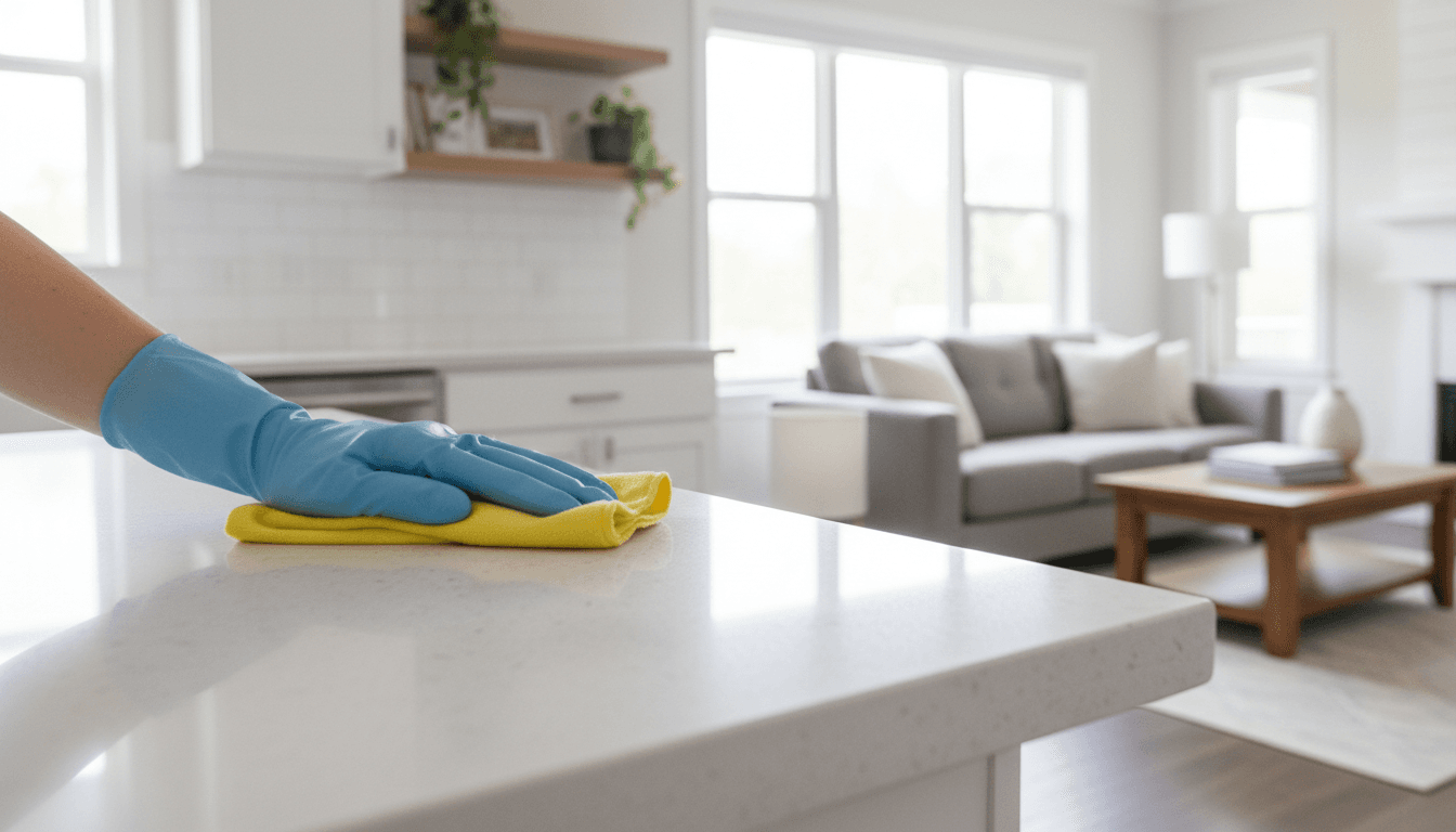 Gloved hand wiping a kitchen counter with a microfiber cloth