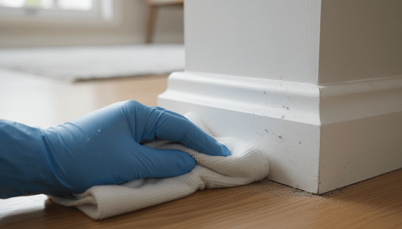 Gloved hand wiping a white baseboard with a damp cloth
