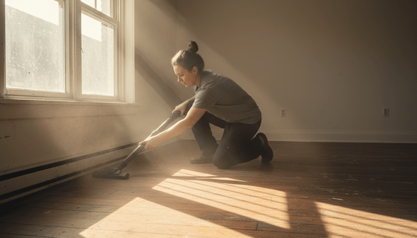 Cleaner vacuuming under baseboards in an empty apartment
