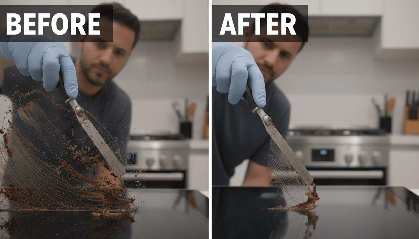 Professional cleaner using a scraper on a glass oven door
