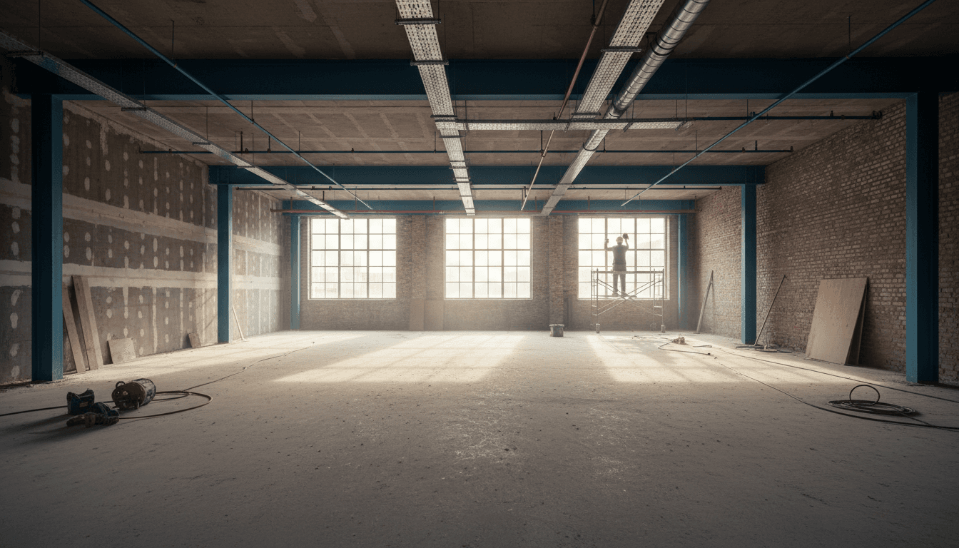 Worker wiping down a window frame in a newly renovated empty room