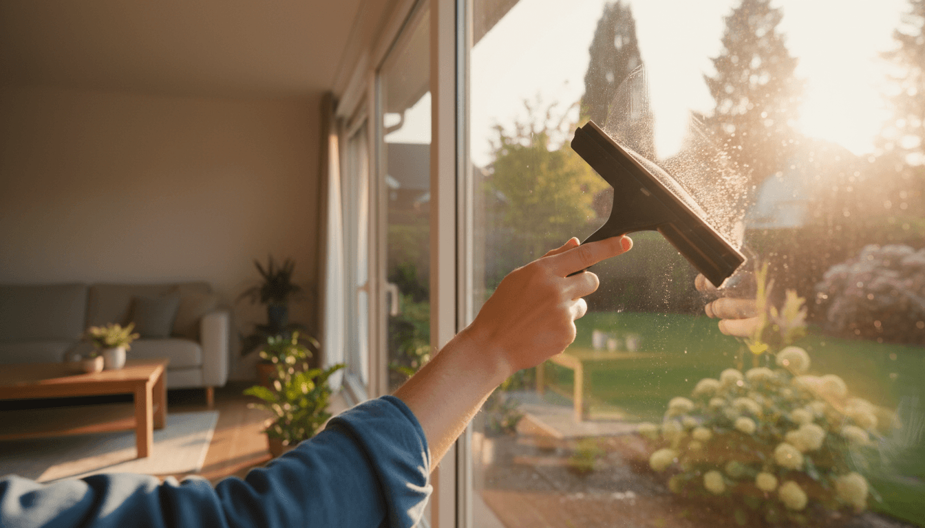 Hand wiping a large living room window with a squeegee