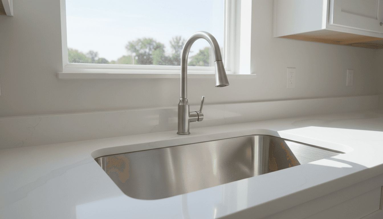Clean empty kitchen sink and countertop in a new home