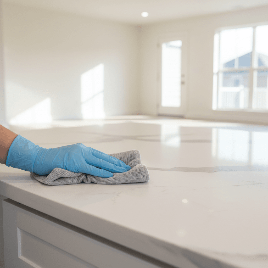 Cleaner wiping a marble countertop in a new home