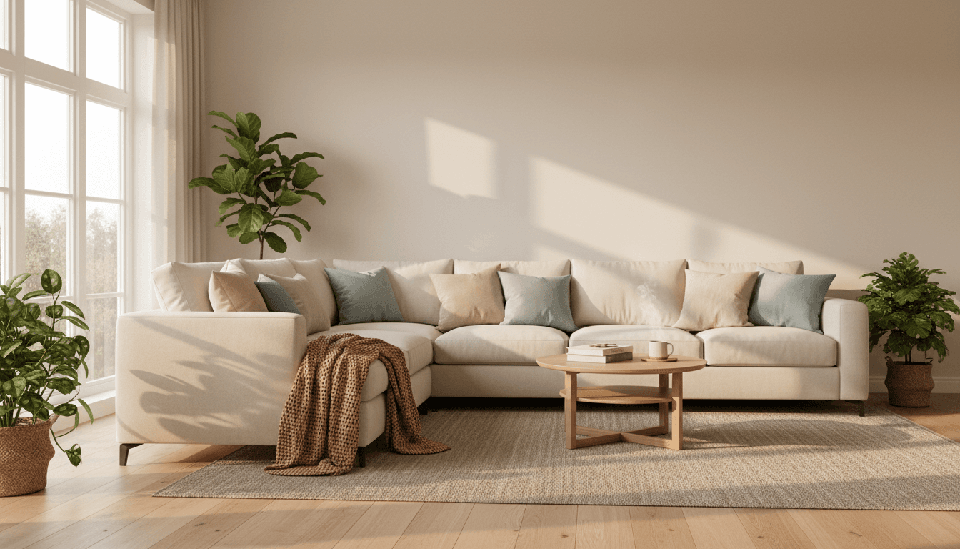 Bright living room with fluffed cushions and a neatly folded throw blanket