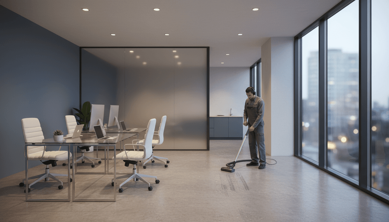 Cleaner vacuuming the floor of a small modern office space