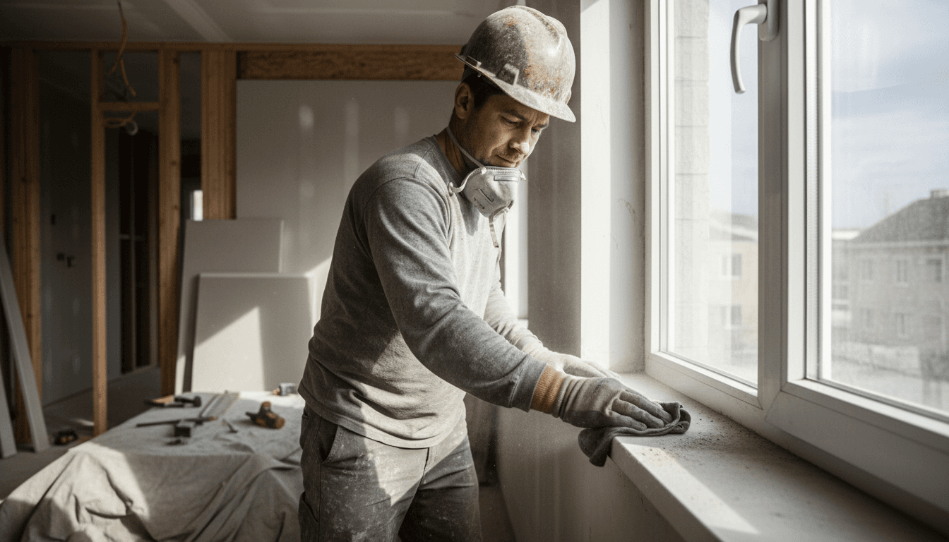 Worker wiping construction dust off a new window sill