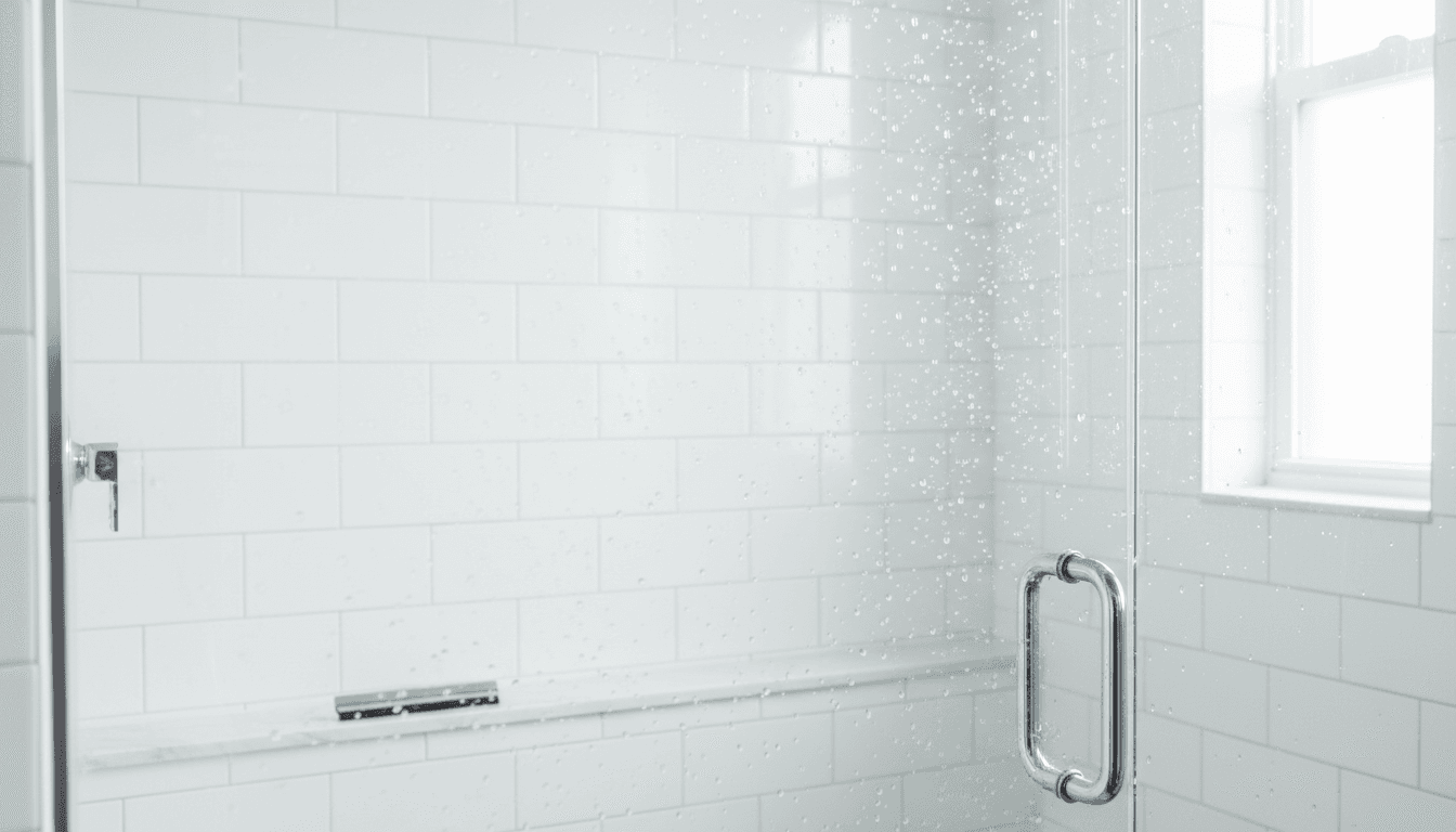 Sparkling white bathroom tile wall and glass shower door after cleaning