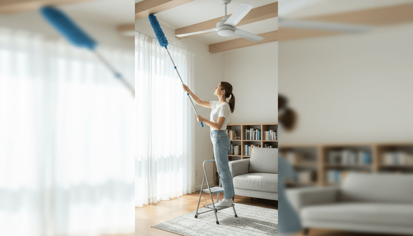 Person on a step stool dusting a ceiling fan blade with an extendable duster