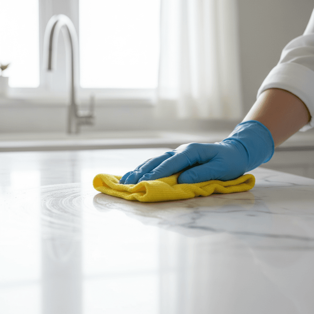 Professional cleaner wiping a marble countertop with a microfiber cloth
