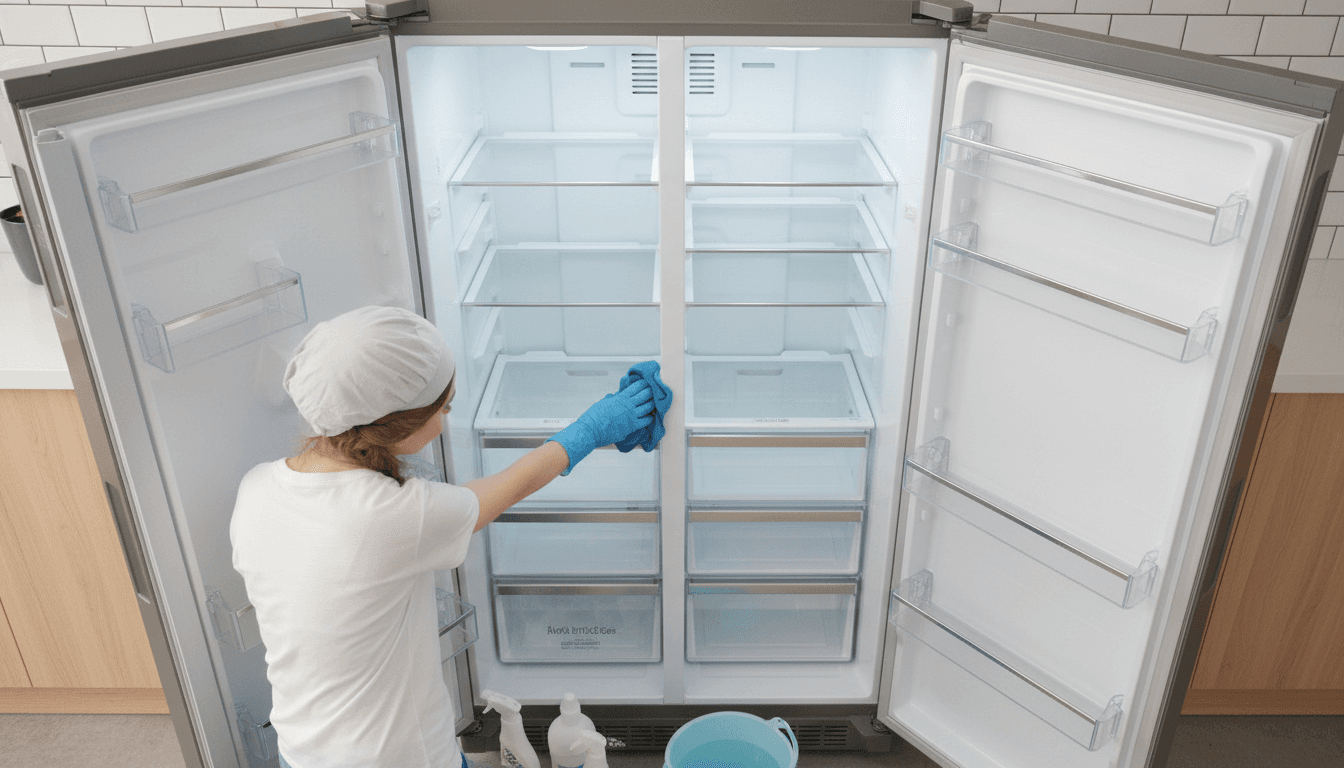Person in gloves wiping down the inside of an open refrigerator