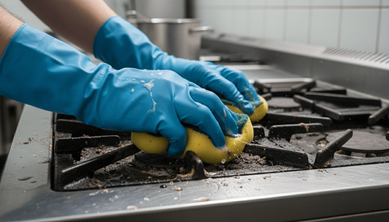 Hands scrubbing a greasy stovetop with a sponge