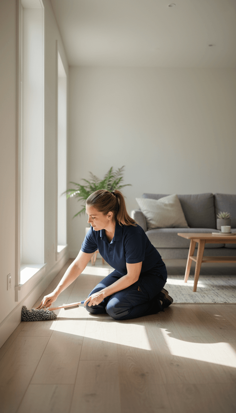 Professional cleaner dusting baseboards in a bright living room