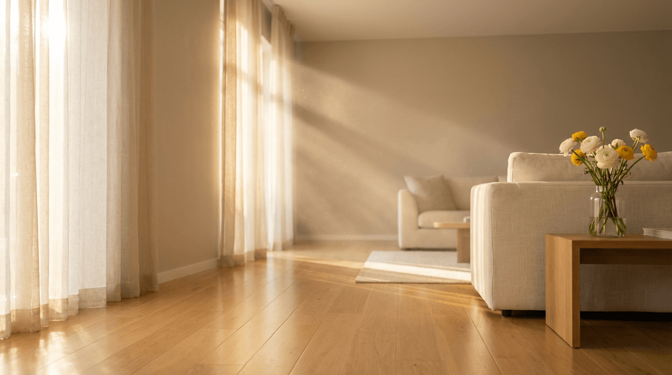 Bright living room after a professional deep clean with sunlight streaming through windows