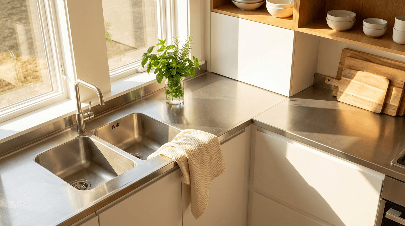 Deep cleaned modern kitchen with gleaming quartz countertops