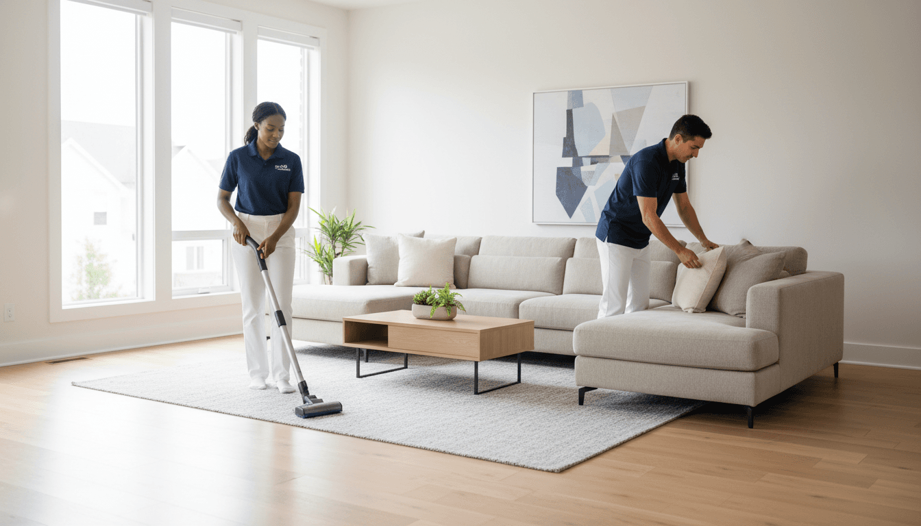 Cleaner and homeowner walking through a bright living room