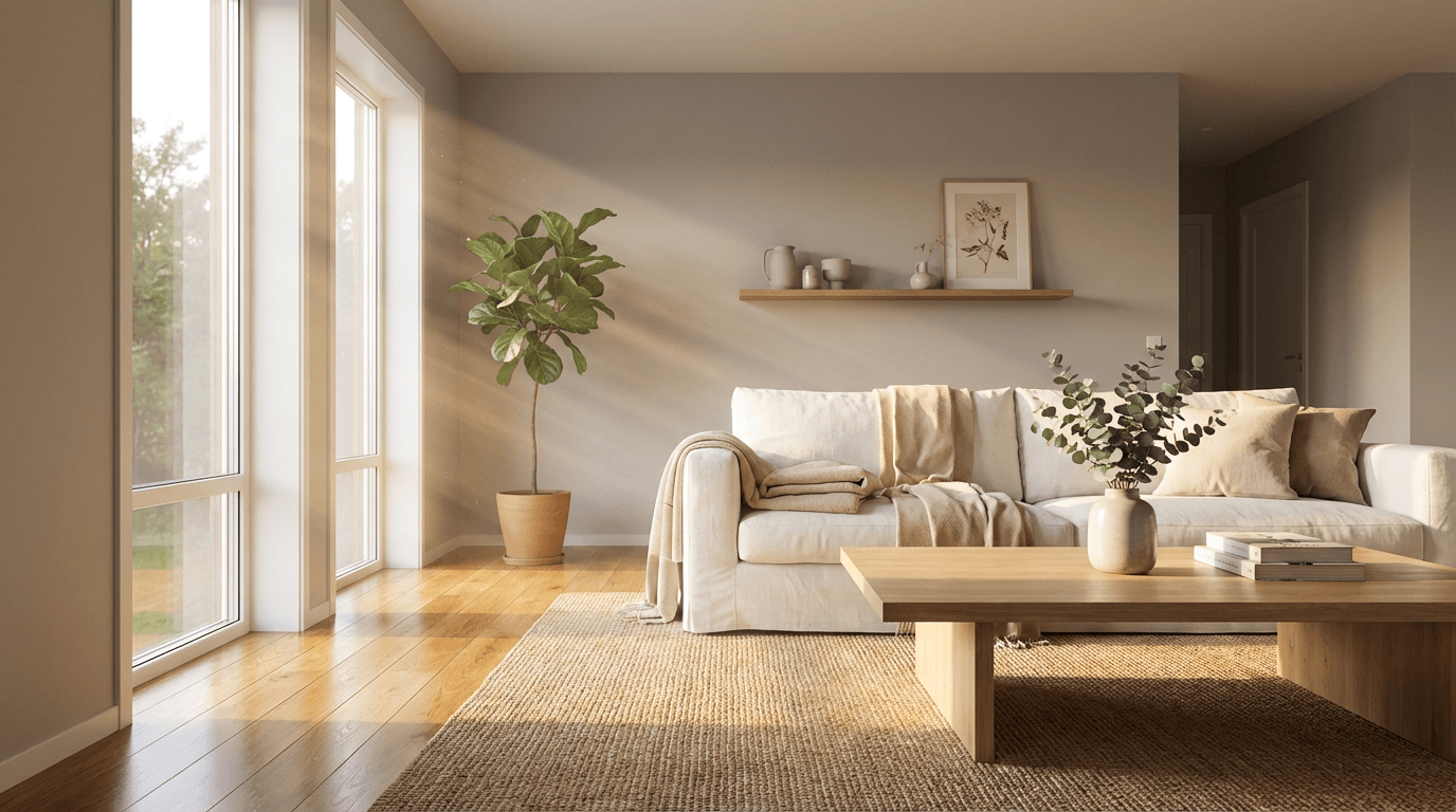 Professional cleaner wiping a coffee table in a bright living room