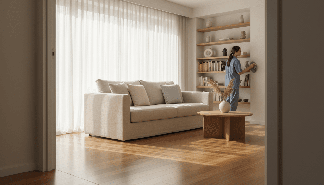 Bright clean living room with sunbeams and soft furnishings