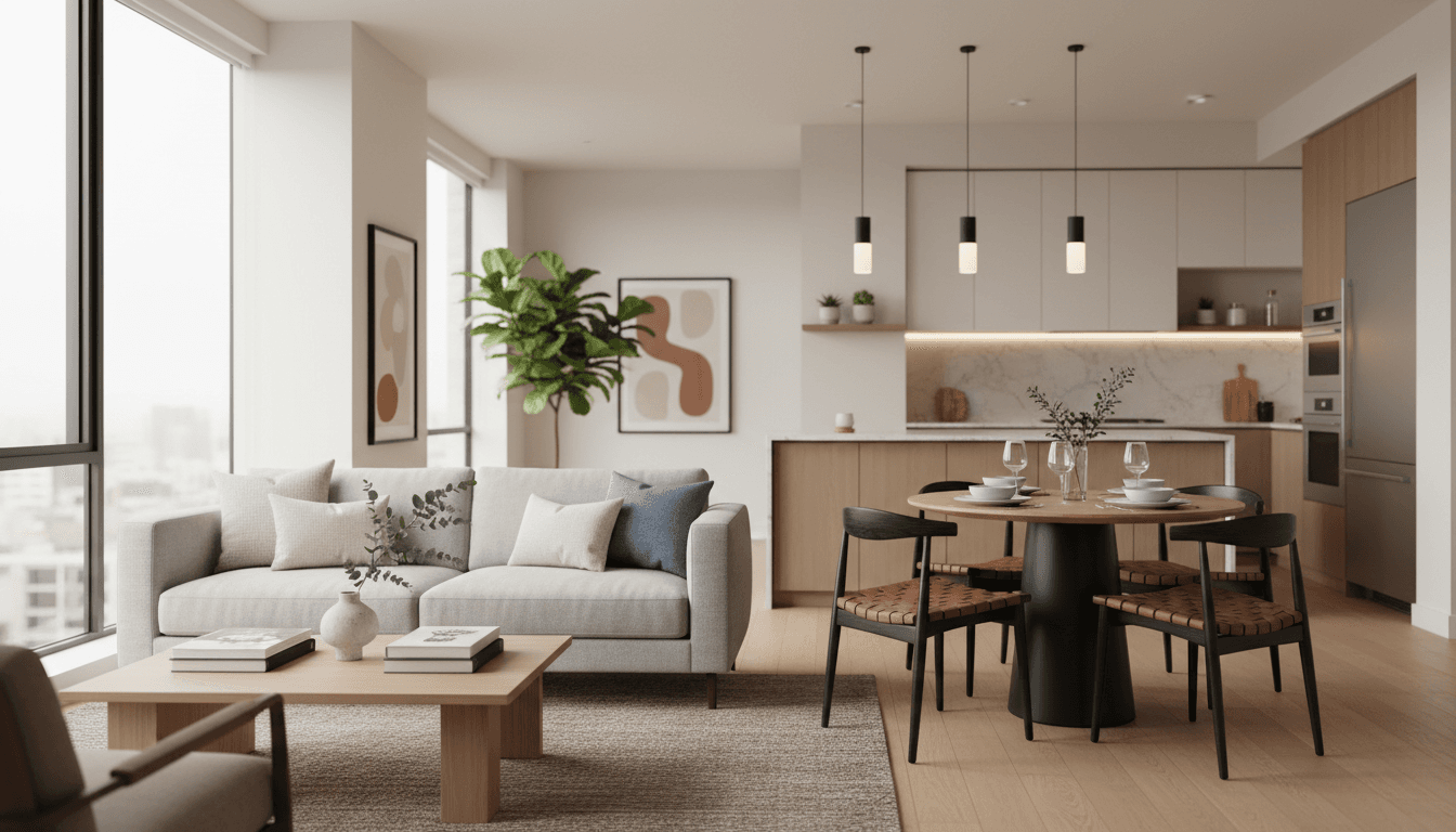 Tidy living room with clean hardwood floors and organized surfaces