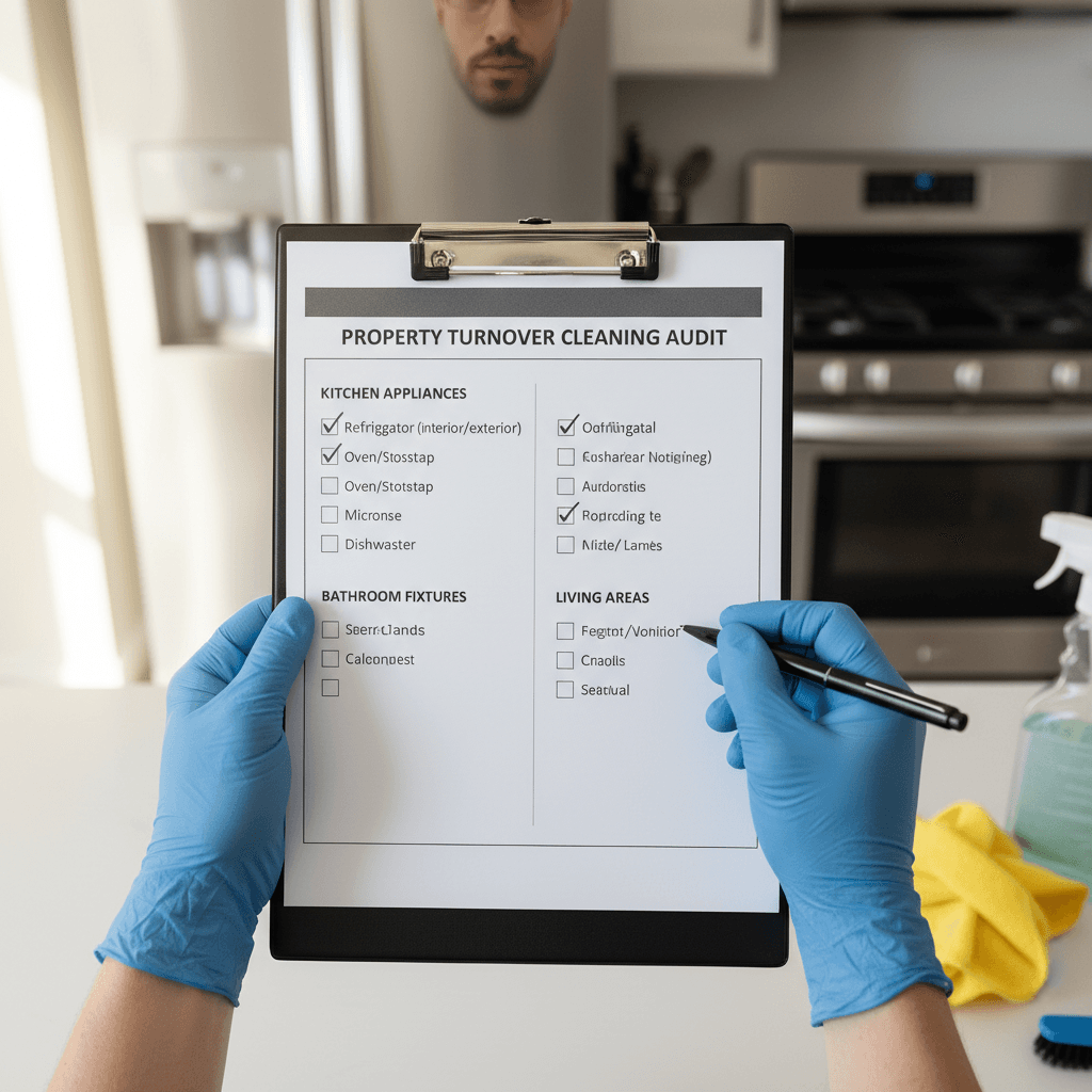 Cleaning checklist on clipboard with supplies in background