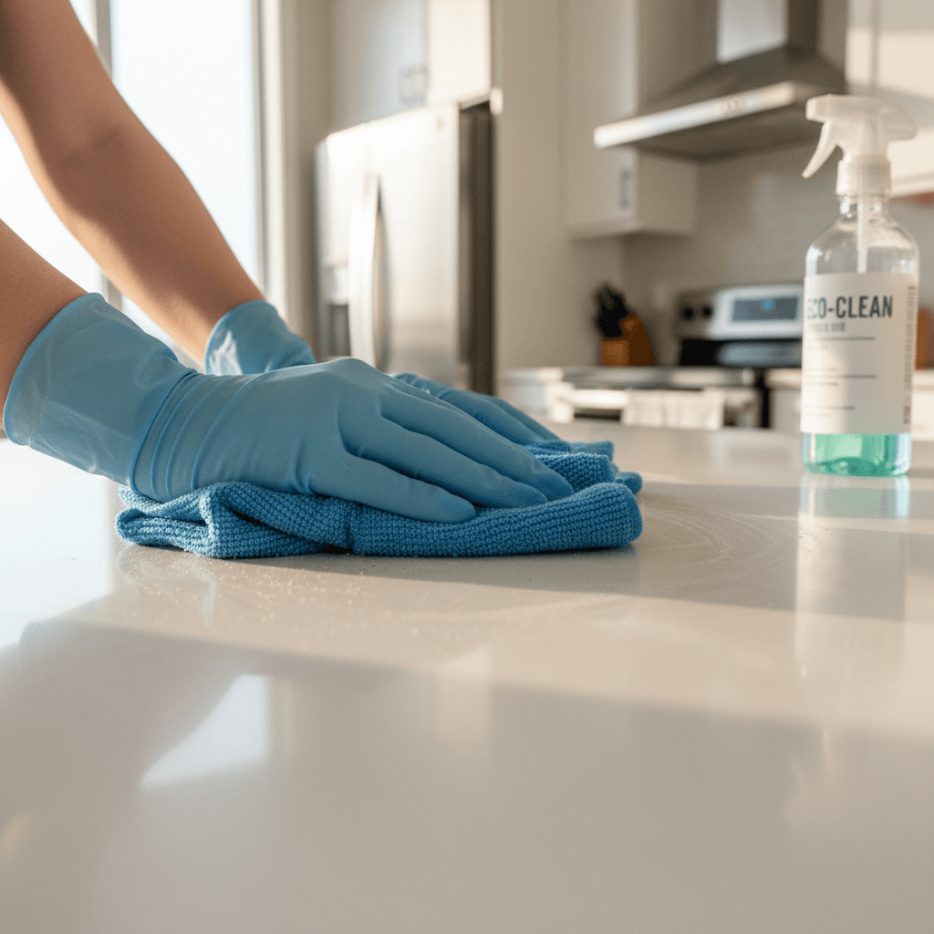 Professional cleaner wiping a marble countertop in a bright kitchen
