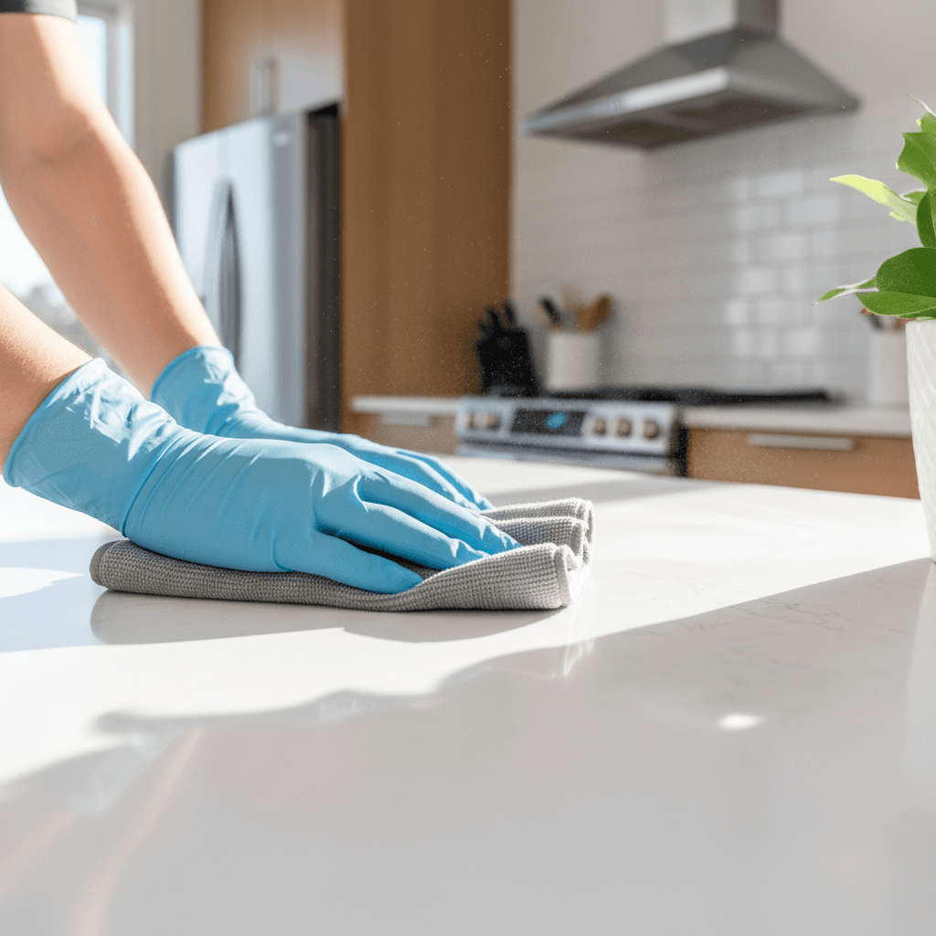 Professional cleaner wiping down a kitchen counter
