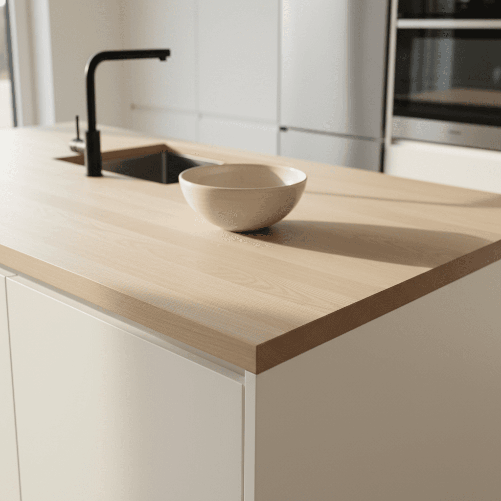 Polished granite kitchen counter with bright clean grout lines