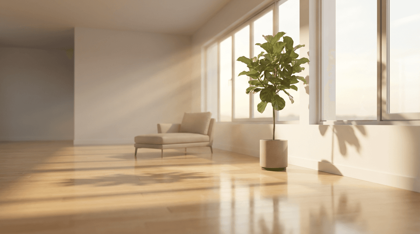 Empty living room with gleaming hardwood floors after a move-out clean