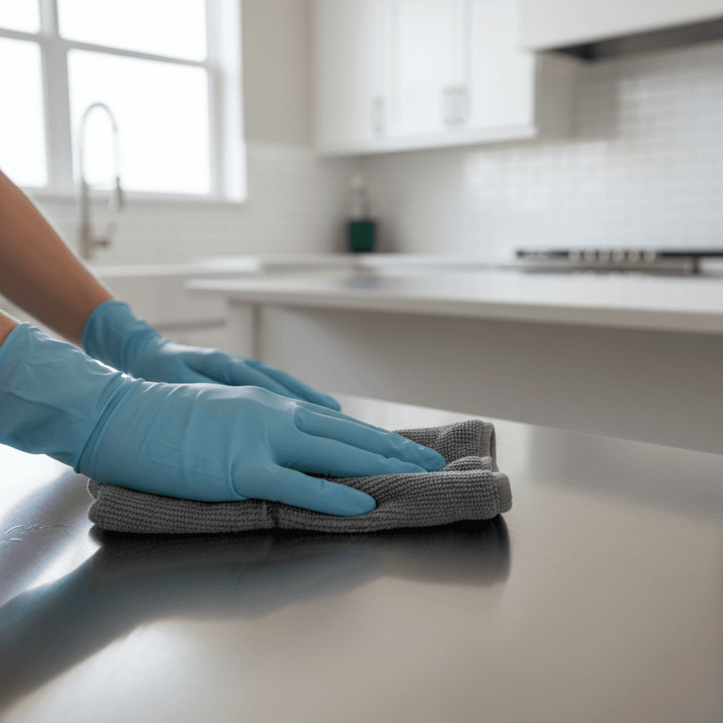 Professional cleaner inspecting a marble countertop in a bright kitchen